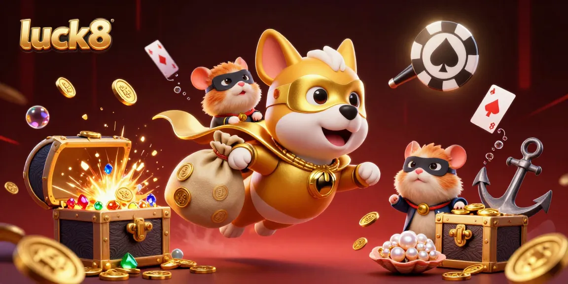 luck8's superhero dog and hamster team soar through a vibrant casino scene filled with treasures and glowing elements.