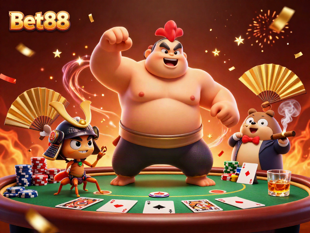 Experience the dynamic action of Bet88 with a powerful sumo rooster and samurai cricket in this vibrant casino scene.
