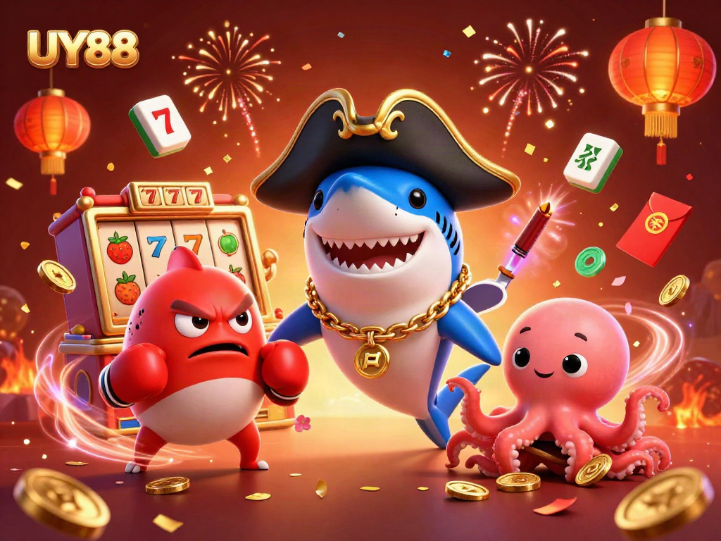 Join the UY88 pirates in a vibrant 3D scene featuring slot machines, lucky symbols, and festive fireworks.