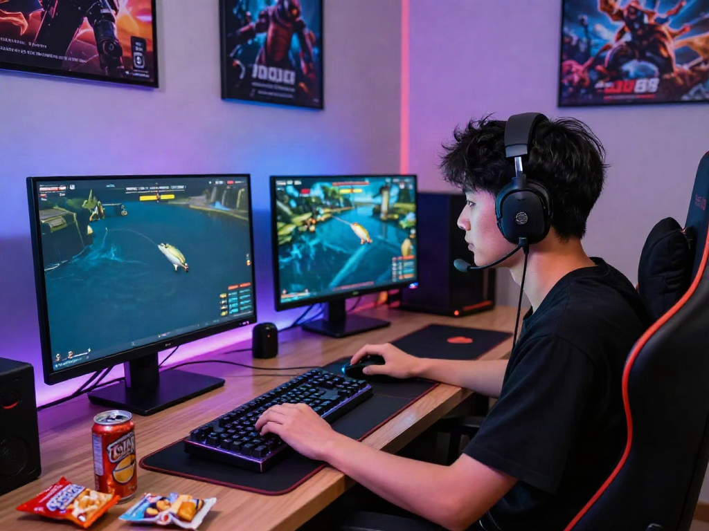 Player engaged in DU88's online gaming, with vibrant room lighting and modern equipment.