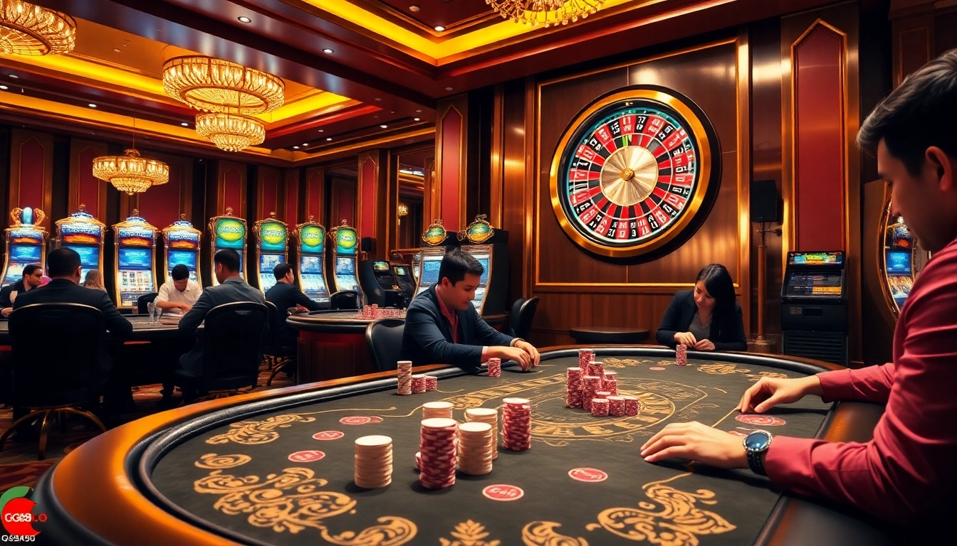 GG88 players enjoying a thrilling card game at an elegant casino table.
