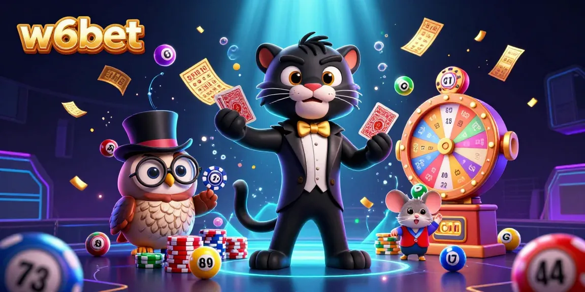 ilustração do cassino w6bet com uma elegante pantera negra, coruja e rato da sorte em meio a elementos coloridos de jogos de azar.