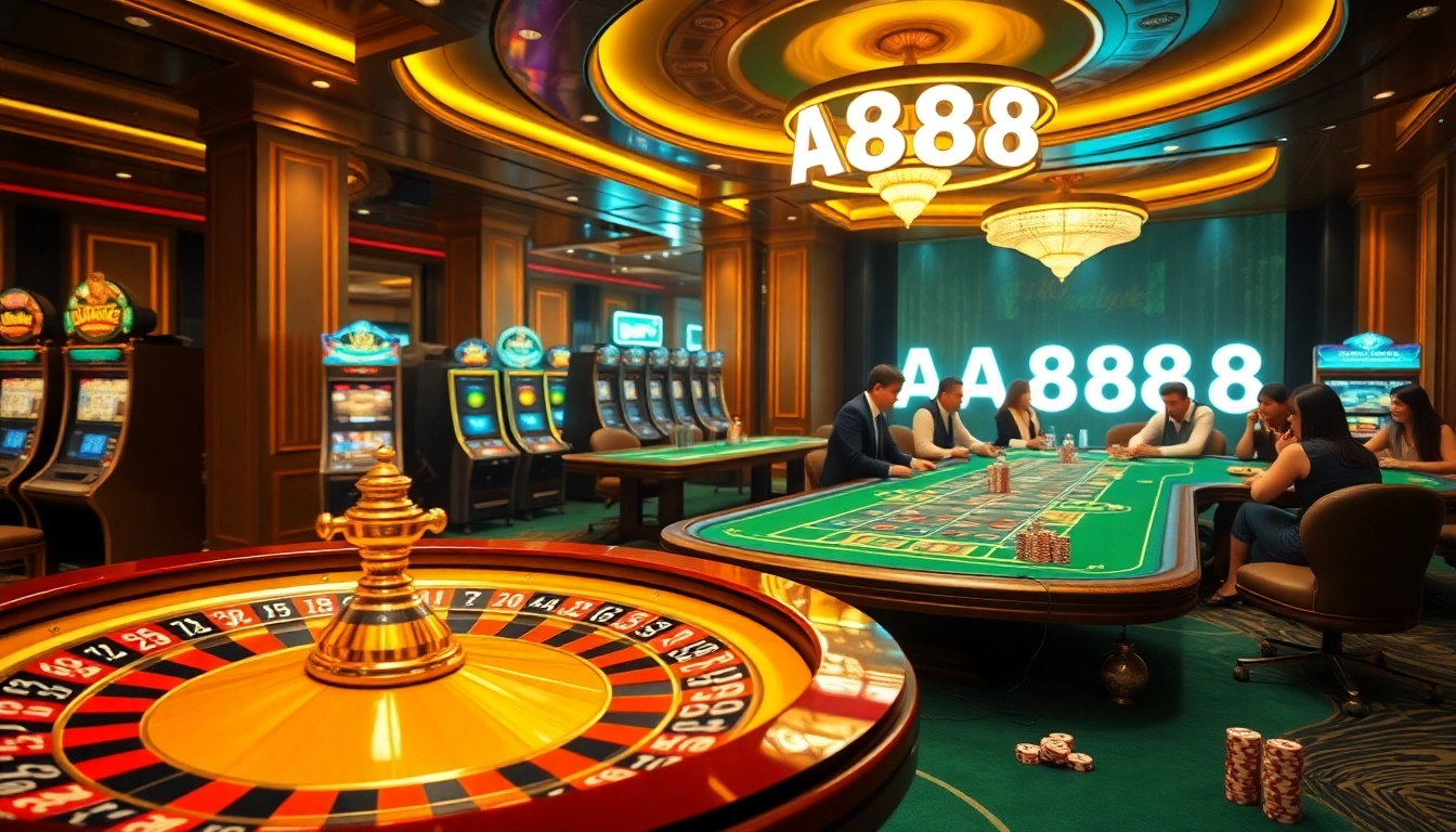 Sinta a emoção no luxuoso cassino da AA888, com máquinas caça-níqueis vibrantes e mesas de jogo animadas.