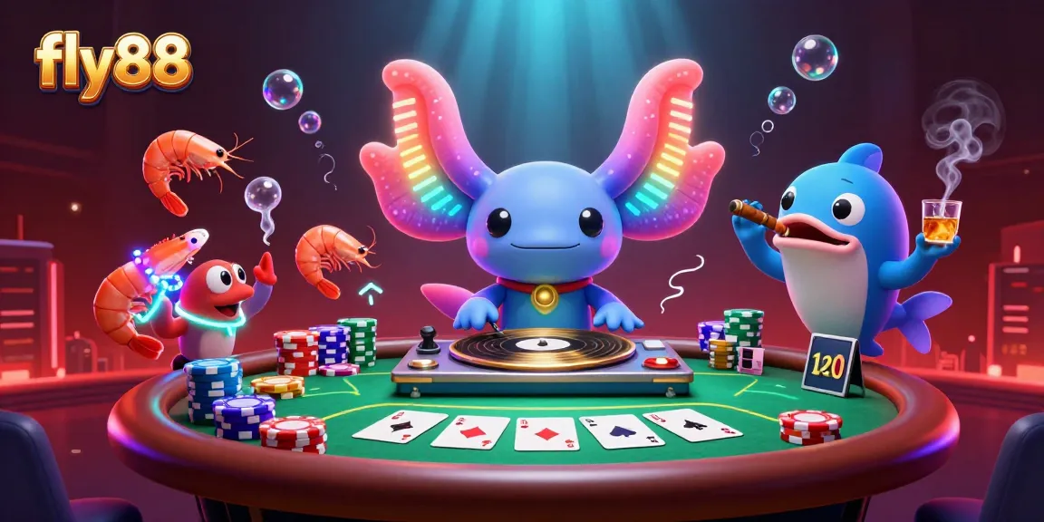 Experience the excitement of fly88 with a vibrant casino scene featuring colorful characters and dynamic poker elements.