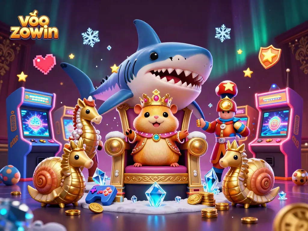 Spin the reels with vào zowin, a dazzling 3D casino illustration featuring a golden hamster king and gaming elements.