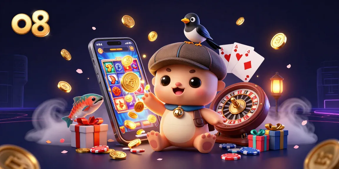 Win big with o8 as Nessie and friends show off lively casino games in a colorful, engaging scene.