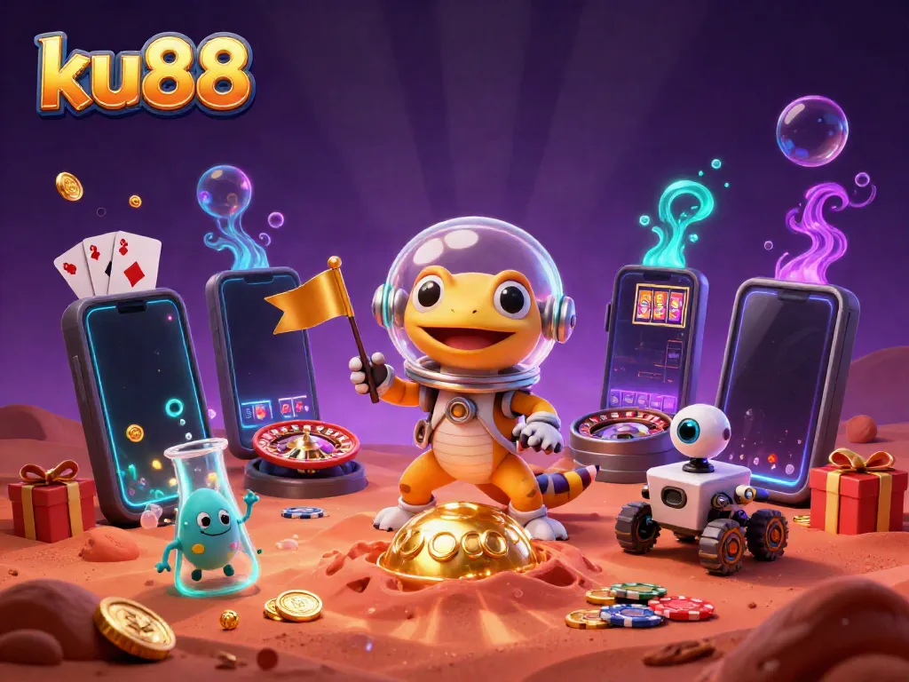 Explore the ku88 casino universe with a Martian gecko alongside vibrant gaming elements!