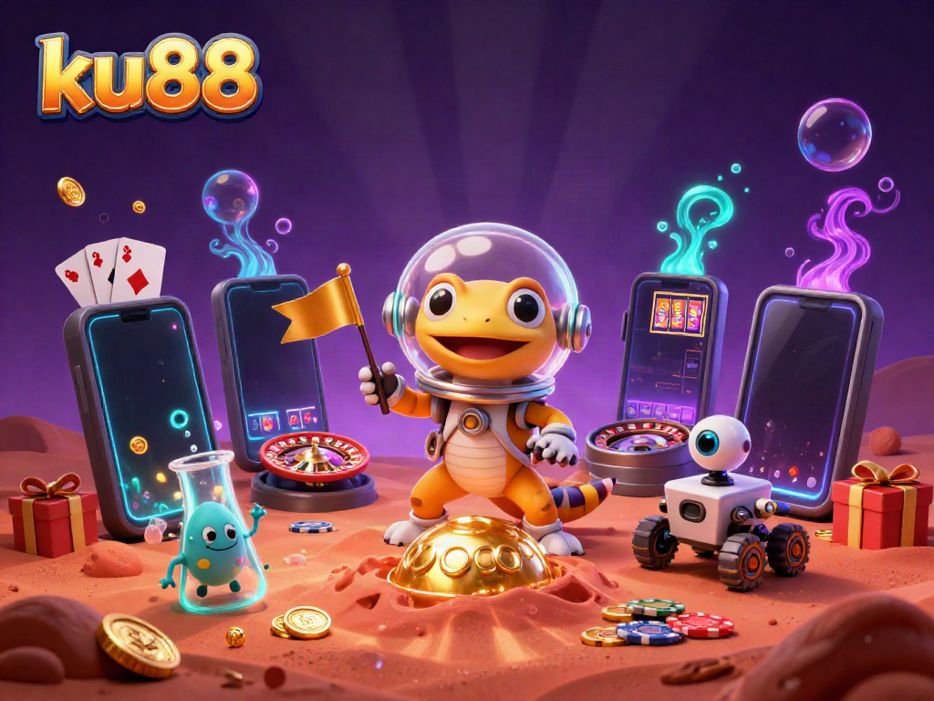 Explore the ku88 casino universe with a Martian gecko alongside vibrant gaming elements!