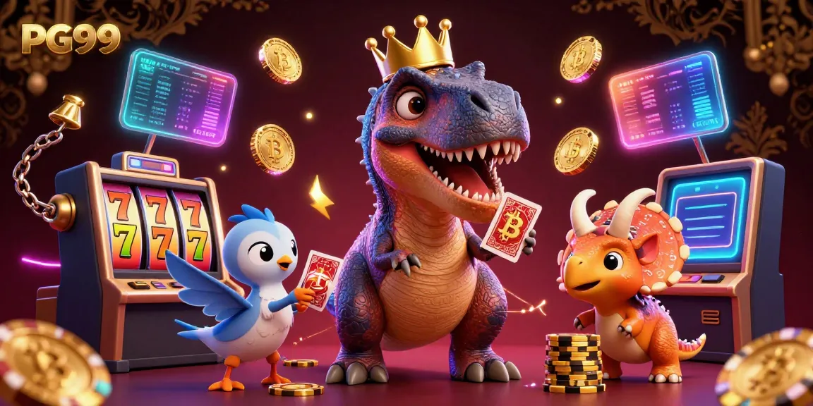 Experience thrilling PG99 moments with a fun T-Rex managing cards and chips in a vibrant casino