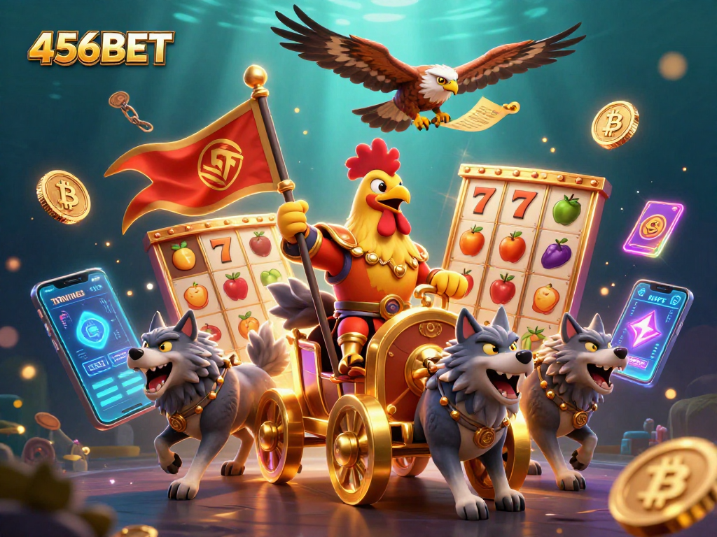 Experience thrilling adventures with 456BET, where the cartoon rooster warlord leads the slots action.