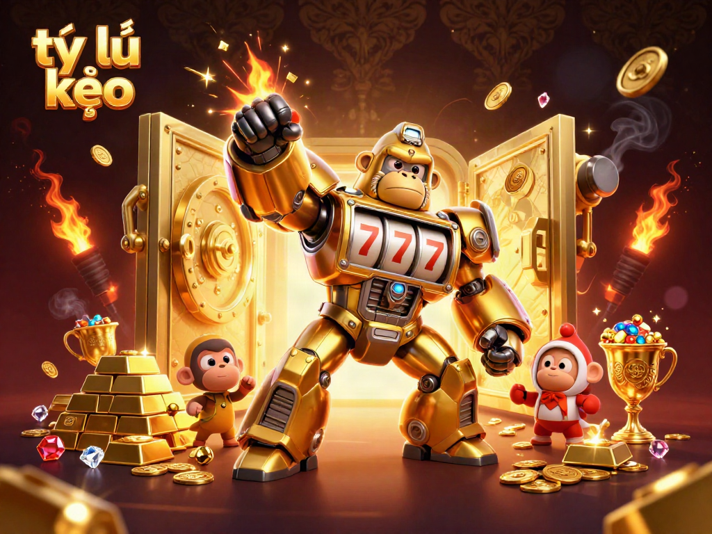 Engage with tỷ lệ kèo action as a golden mech fights for jackpot coins amid treasure and gems.