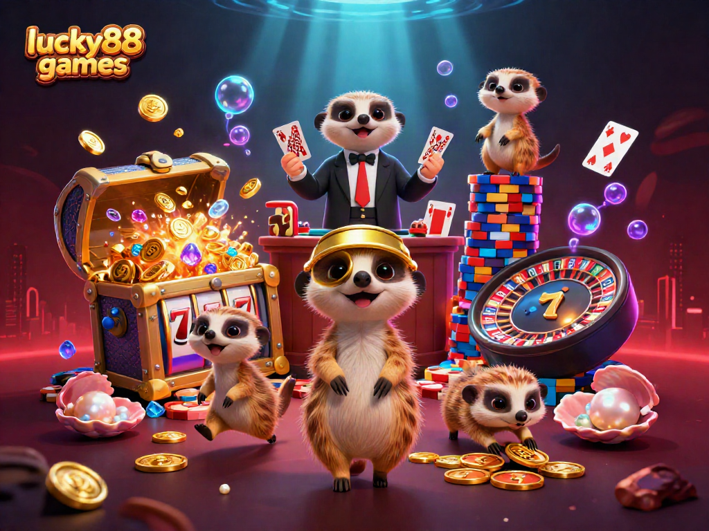 Play exciting games at lucky88games with meerkats managing casino action amidst vibrant underwater treasures.