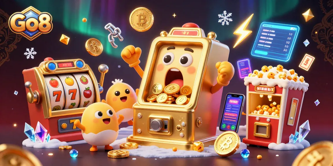 Experience Go8's thrilling jackpots with a dynamic slot machine scene, bursting with coins and vibrant casino elements.