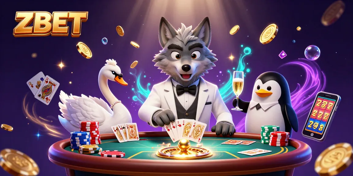 ZBET offers a luxurious gambling experience with vibrant characters celebrating wins at a baccarat table.