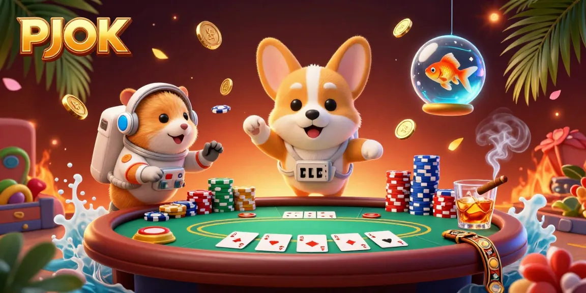PJOK casino scene showcasing an astronaut corgi in zero gravity surrounded by poker elements, enhancing the gaming experience.