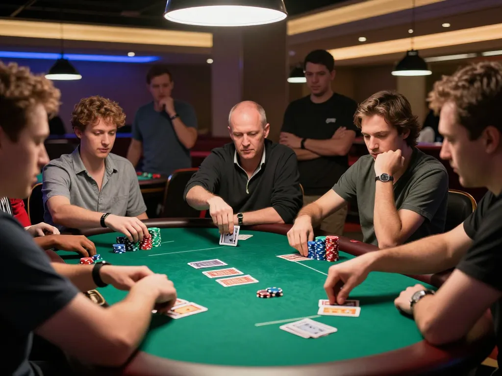 Players engaged in an intense poker game showcasing game đánh bài đổi thưởng atmosphere with vibrant colors and strategic action.