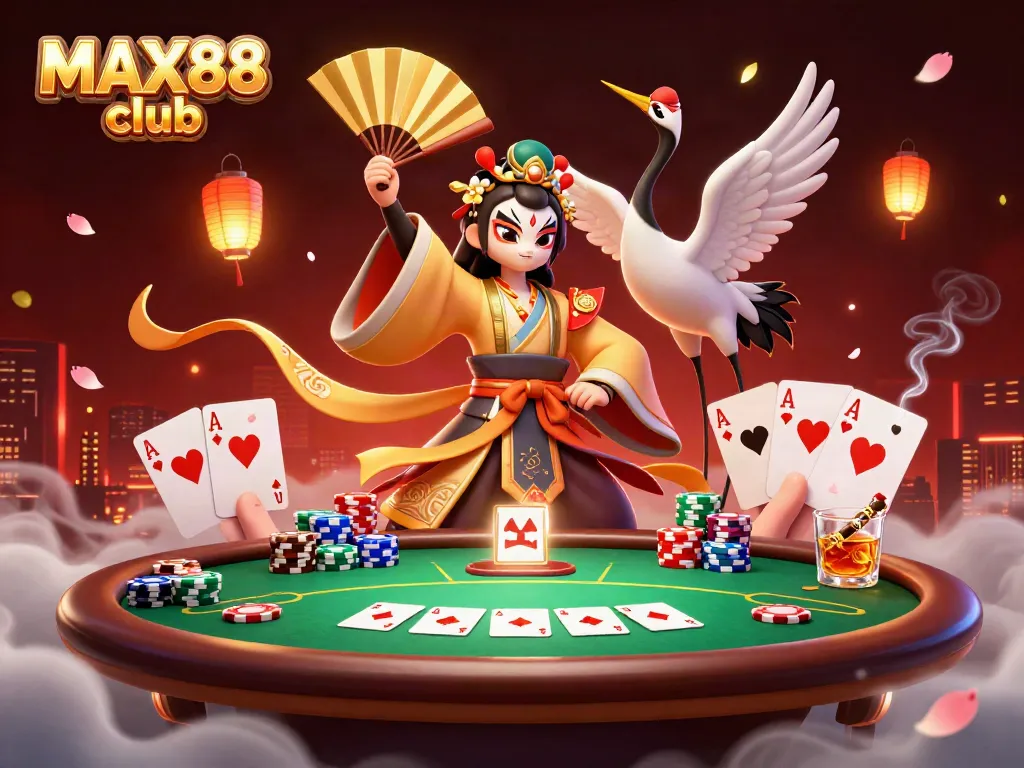 Join the MAX88 club for poker action featuring a kabuki warrior and kitsune in a festive casino scene.