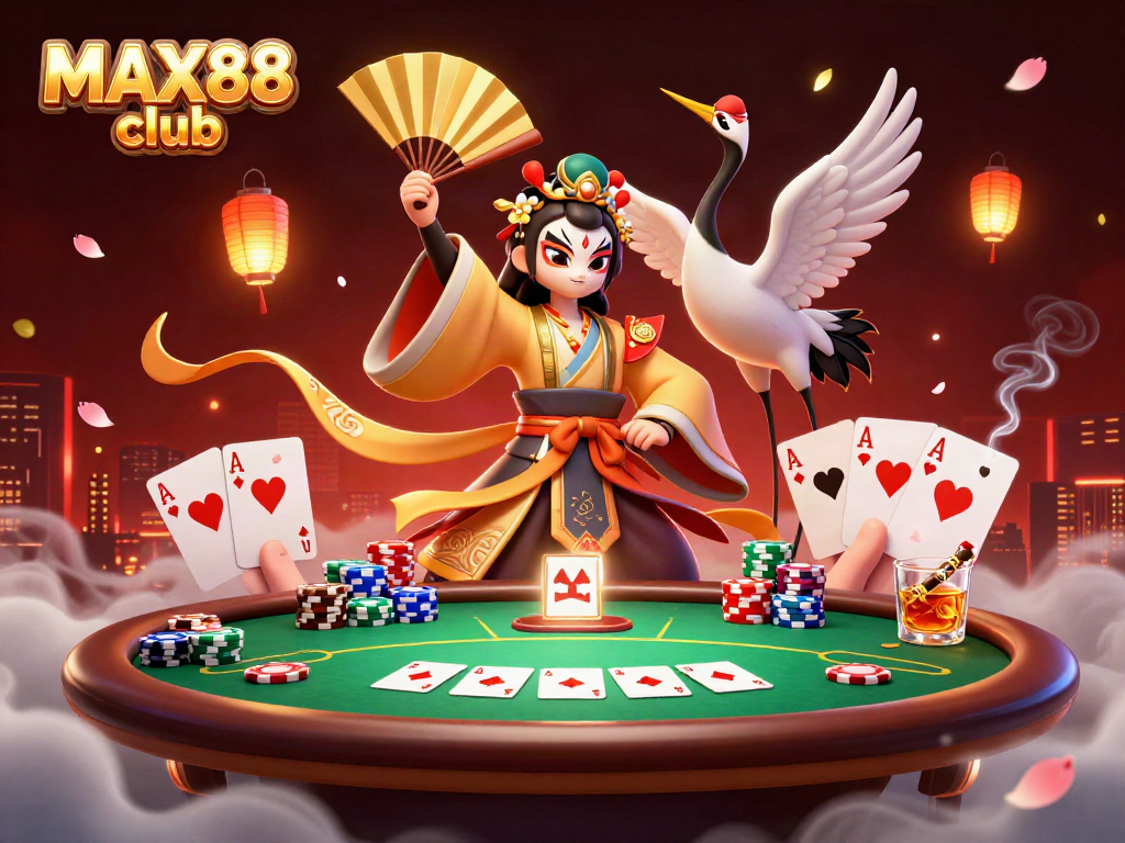 Join the MAX88 club for poker action featuring a kabuki warrior and kitsune in a festive casino scene.