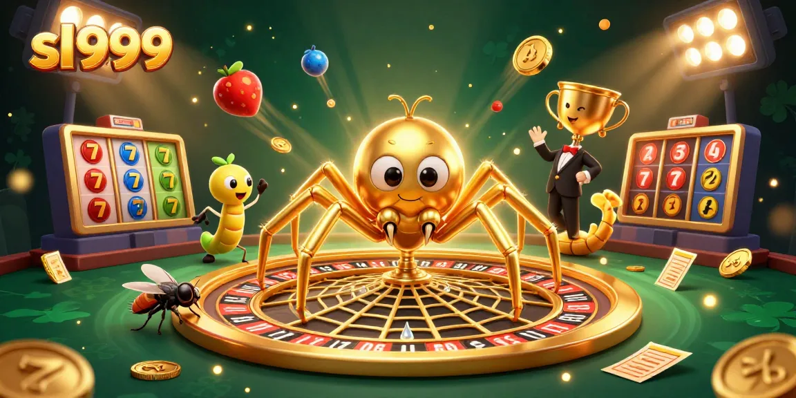 Aposte no sl999 em um cassino vibrante com aranha dourada, croupier centopeia e elementos de jogo dinâmicos.
