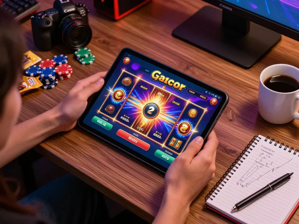 Engaging gameplay of slot gacor on tablet with colorful animations and cozy gaming atmosphere.