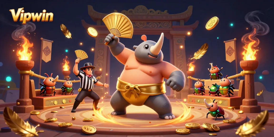 Vipwin features a dynamic scene with a rhinoceros beetle champion in a casino-like fighting arena, surrounded by gold.