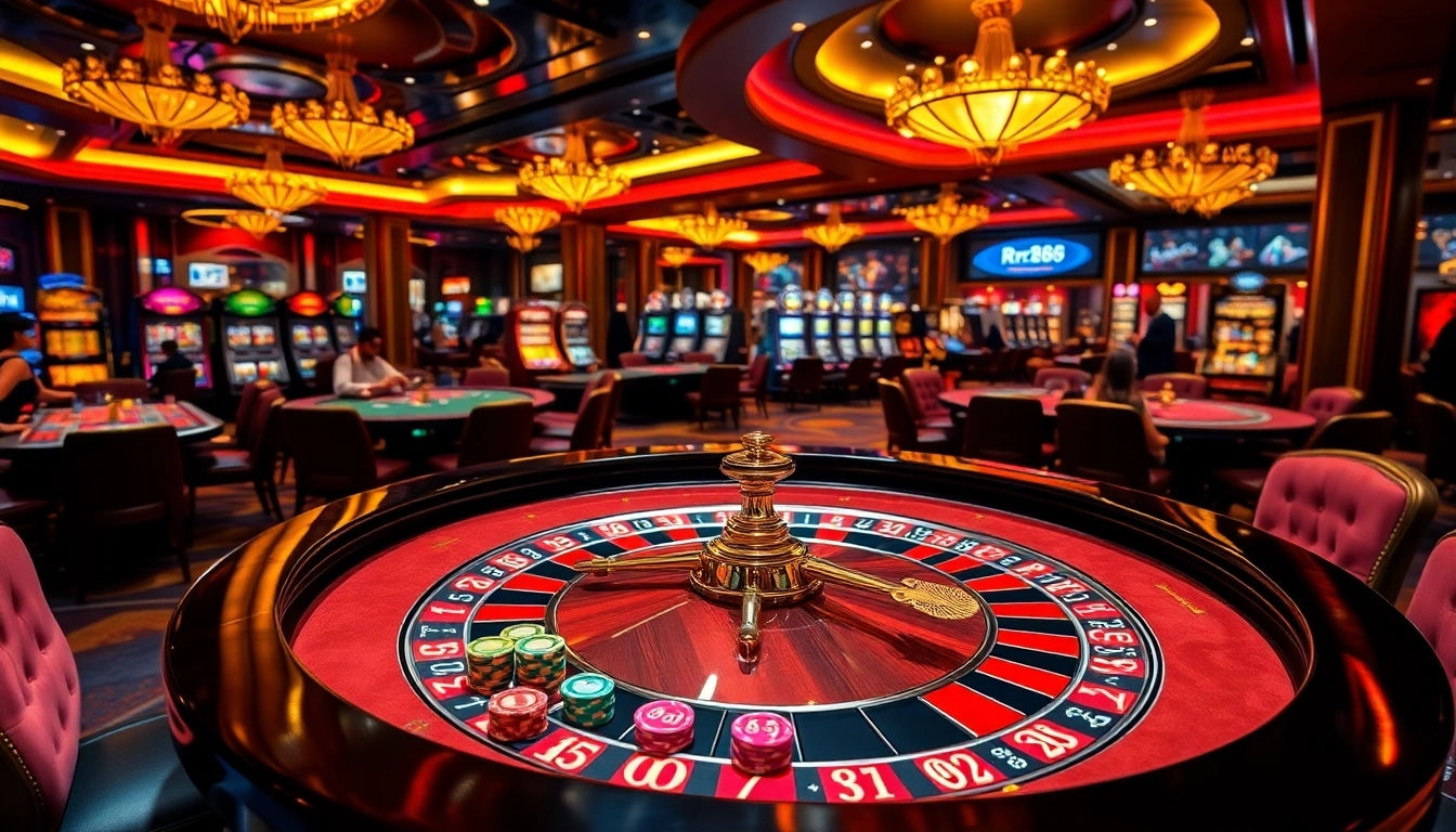 Exciting casino scene showcasing players at rr88 com roulette table with vibrant chips.