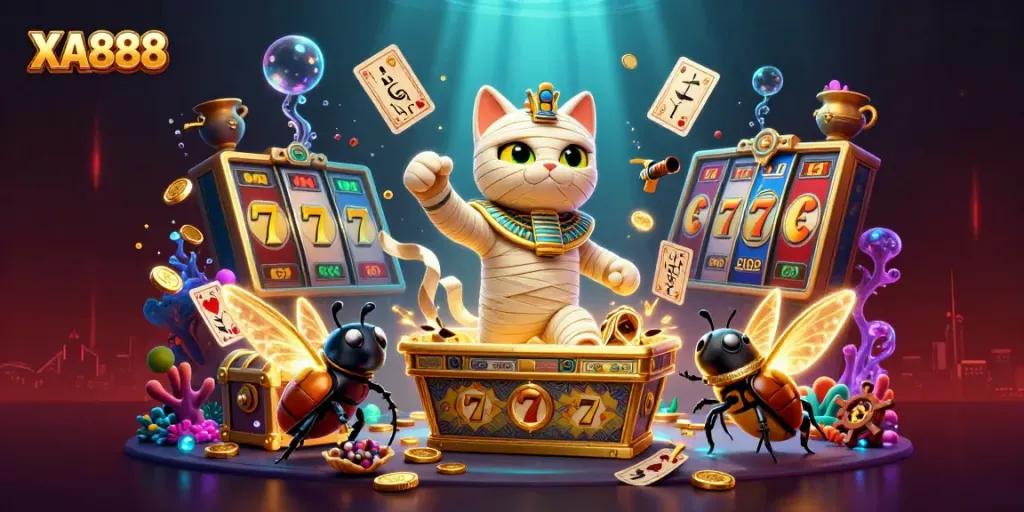 Engage with XA888's thrilling casino adventure featuring a mummy cat and slot symbols!