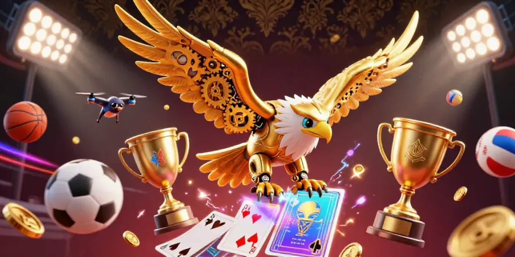 Experience thrilling gameplay at ww88 with a cybernetic eagle soaring through cards and sports elements.