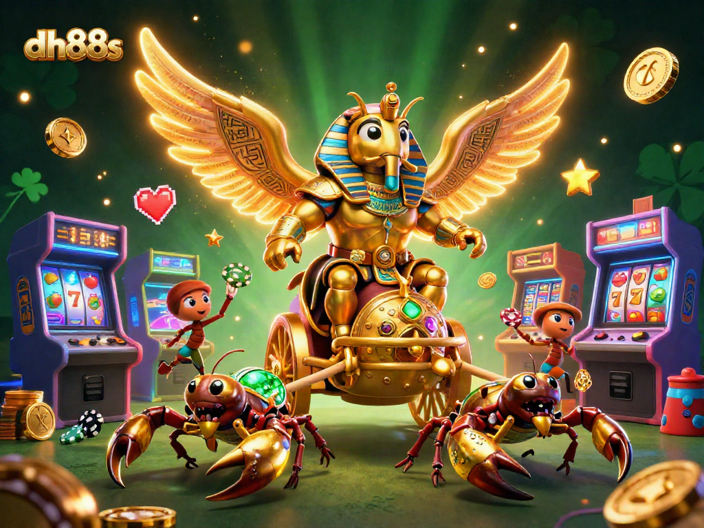 Engage with dh88s by enjoying vibrant casino-themed 3D illustration featuring scarab and scorpions.