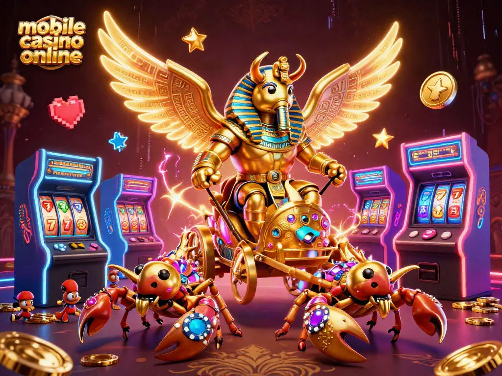 Engage with mobile casino online, showcasing vibrant 3D gambling elements and characters.