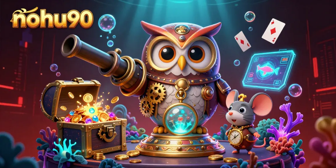 Nohu90 showcases an engaging casino illustration with vibrant 3D characters and dynamic gambling elements.