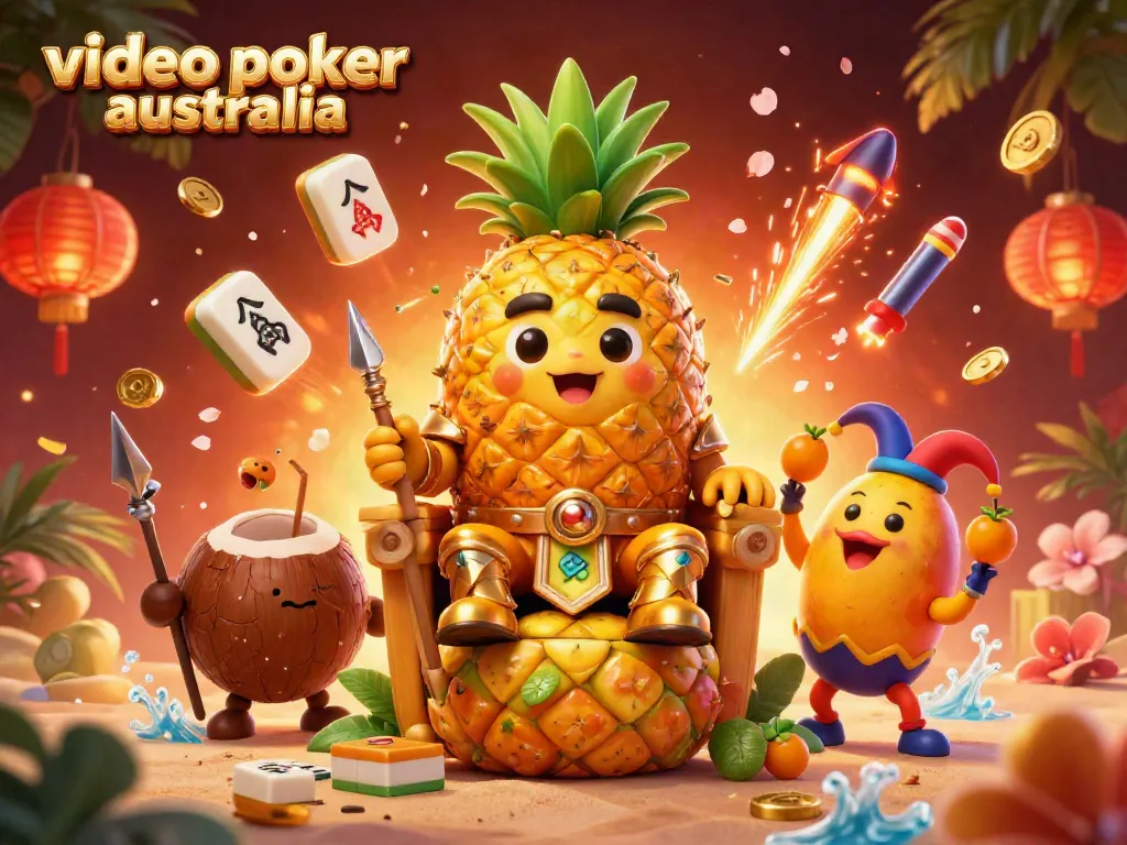 Experience thrilling video poker australia with a vibrant 3D beach casino illustration featuring playful characters.
