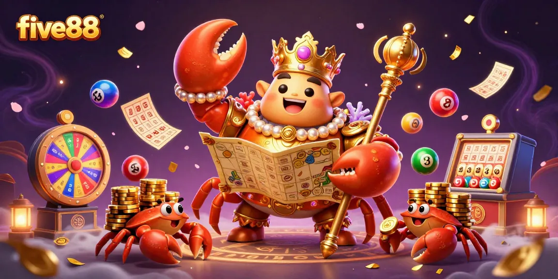 Engage with five88's vibrant gambling scene featuring a golden crab emperor among lively game elements.