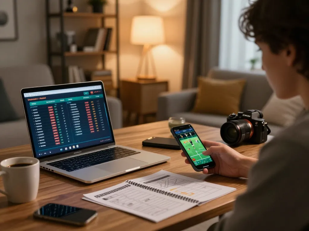 75W sports betting enthusiast using smartphone for online wagers in a cozy home setup