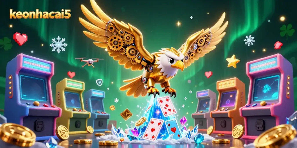 Experience the excitement of keonhacai5 with a dynamic scene featuring a cybernetic eagle among holographic games.