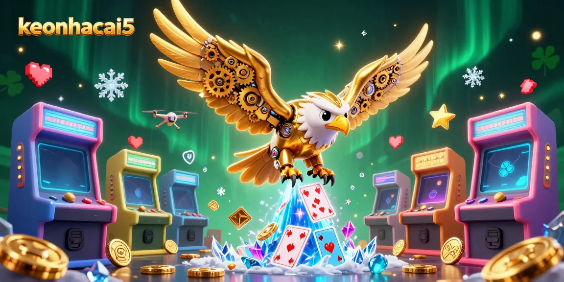 Experience the excitement of keonhacai5 with a dynamic scene featuring a cybernetic eagle among holographic games.