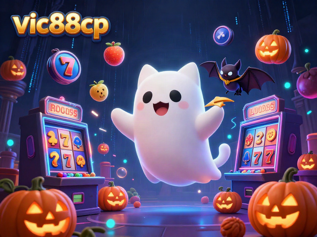 Experience the vibrant world of vic88cp with a playful ghost cat in a haunted casino, featuring glowing jack-o-lanterns and dynamic slot symbols.