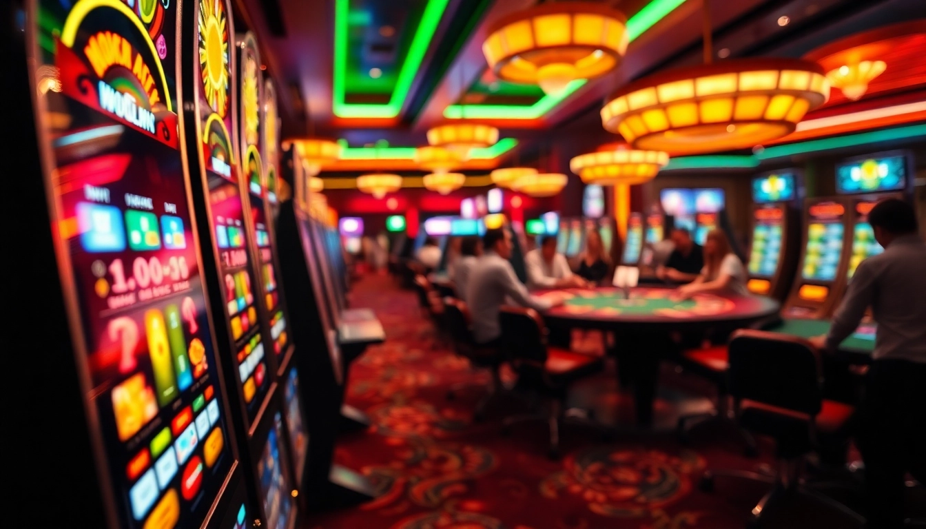 Vibrant atmosphere with players enjoying casino francais en ligne, engaging at slot machines and poker tables.