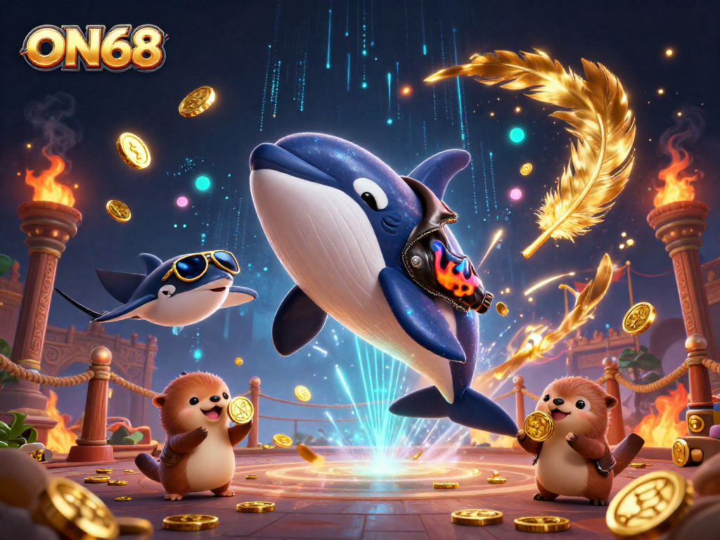 Engage in thrilling bets at ON68 with vibrant orca and sea otters amid golden coins.