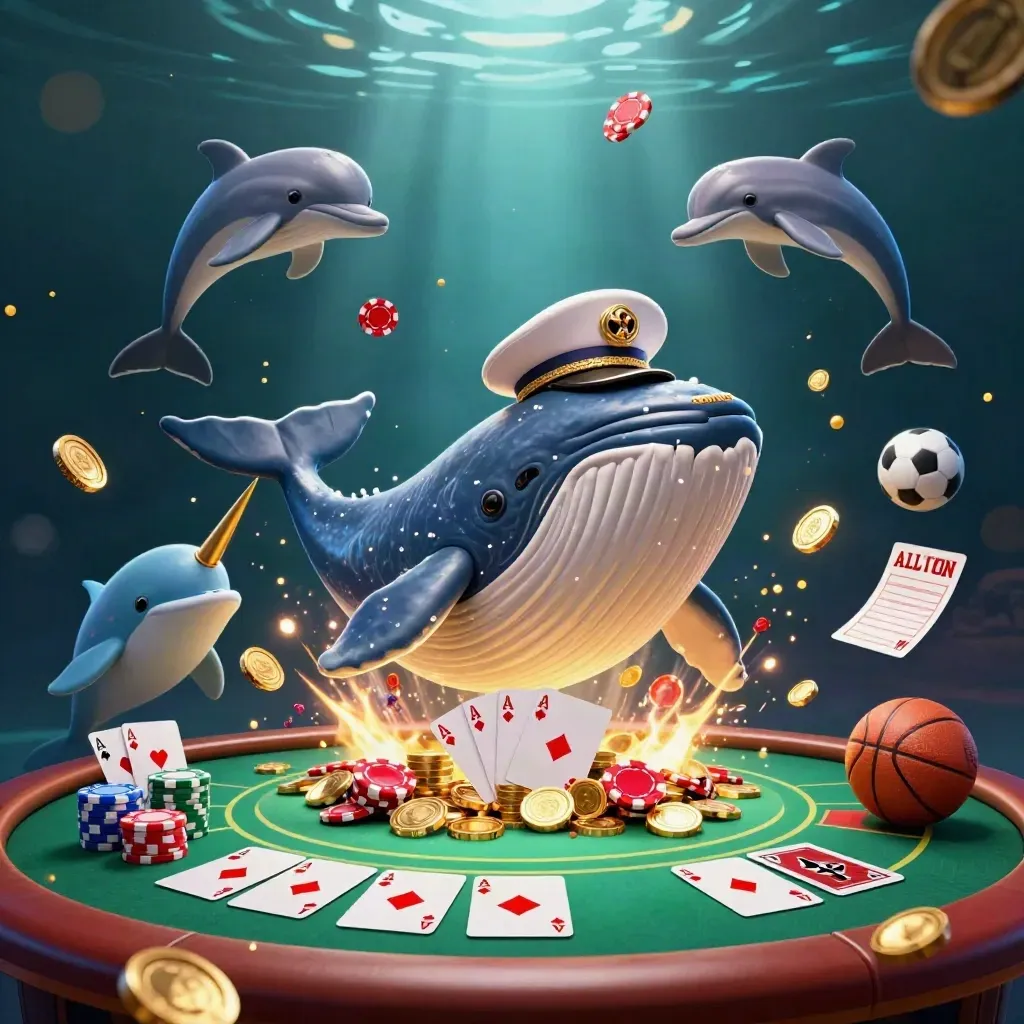Baleia capitã, narval e golfinhos em cena de pôquer sob luz dourada no fundo do mar.