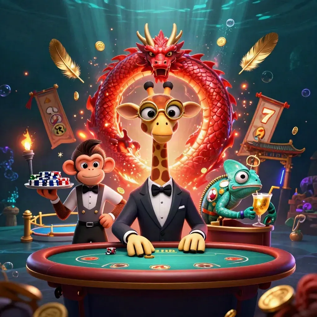 Girafa, macaco e camaleão em mesa VIP de pôquer, com luz rubi, moedas, templo e efeitos neon.