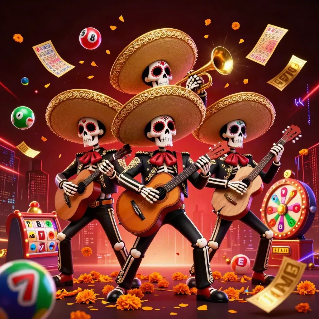 Trio de esqueletos mariachi em neon, com bolas, bingo e roleta explodindo.