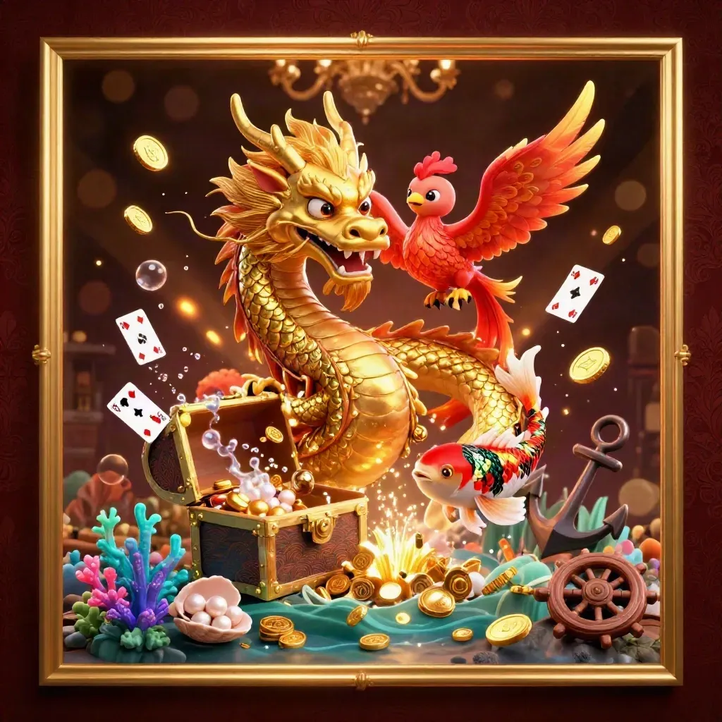 Dragão dourado e fênix bebê em cova submersa de tesouros, com carpas, moedas e cartas flutuando.
