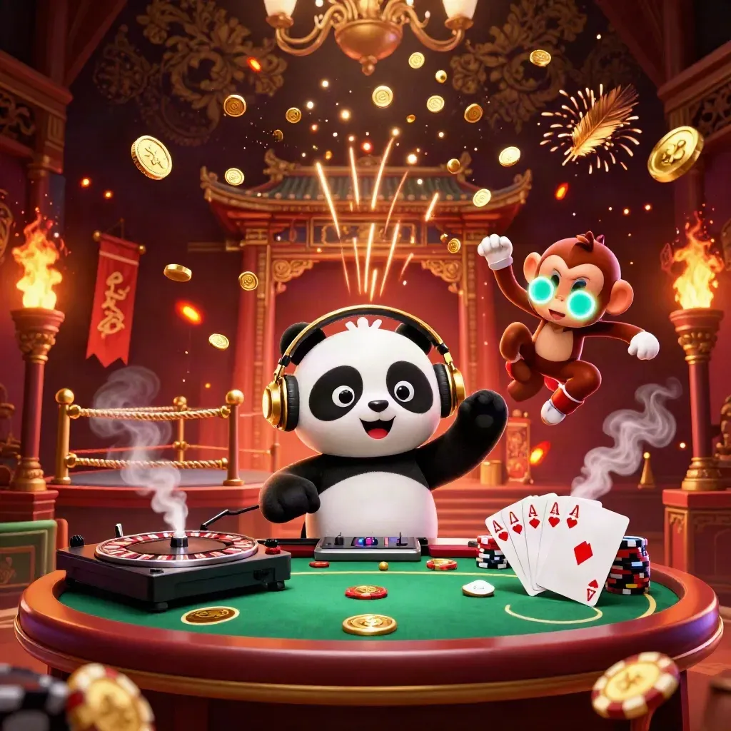 Panda DJ, macaco dançarino e gatinho neon em meio a moedas, fogo e mesa de poker.