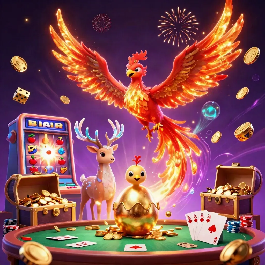Phoenix, cervo místico e cofre explodindo com moedas douradas e fichas de poker.