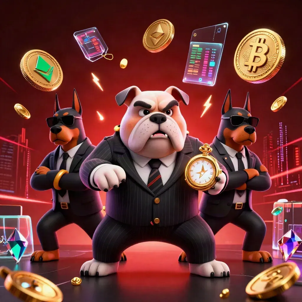 Bulldog mafioso e dois dobermans em neon vermelho, com moedas cripto e raios num fundo urbano escuro.