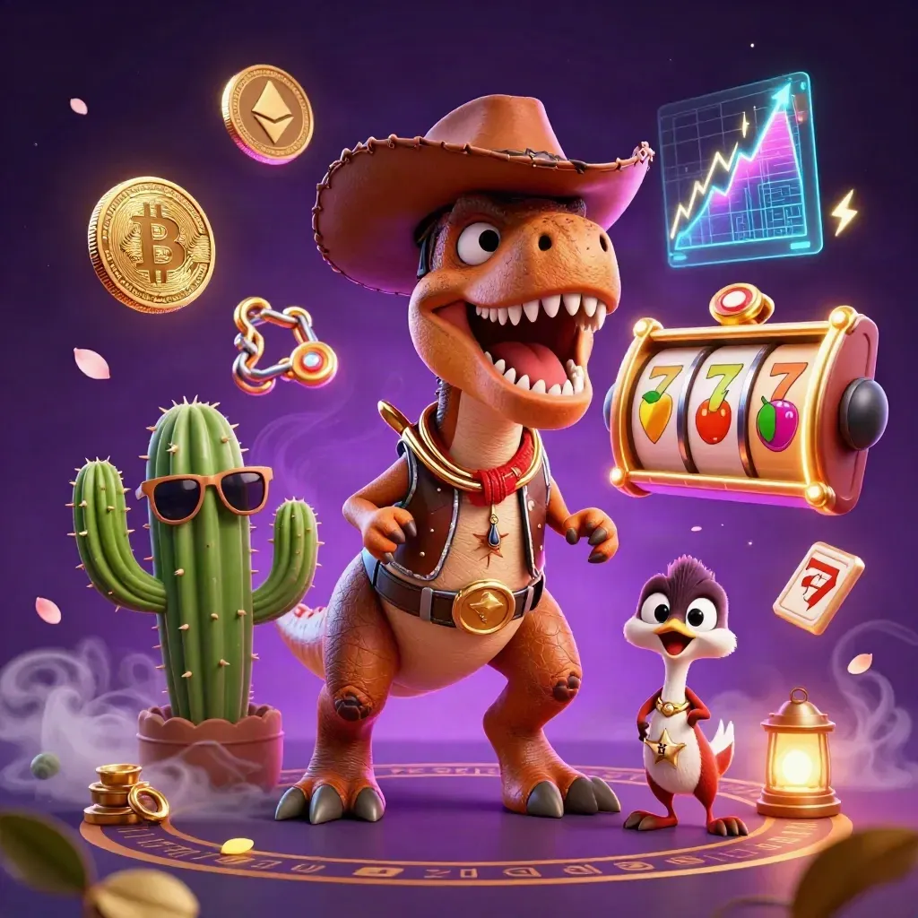 T-Rex cowboy, cacto de óculos e roadrunner cercados por moedas, relâmpagos e luz neon de cassino.