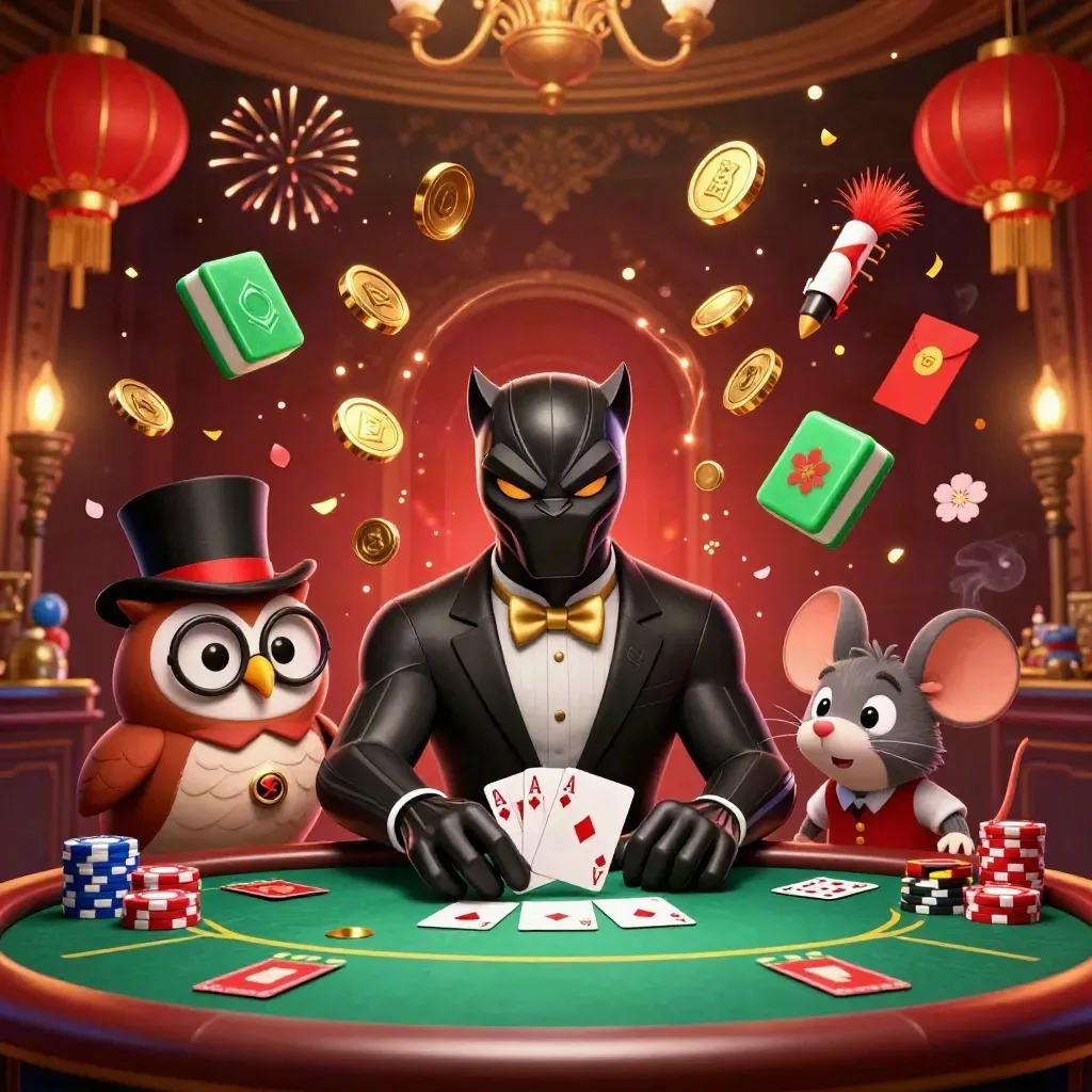 Pantera, coruja e rato jogando poker cercados por moedas, fogos e luxo dourado.