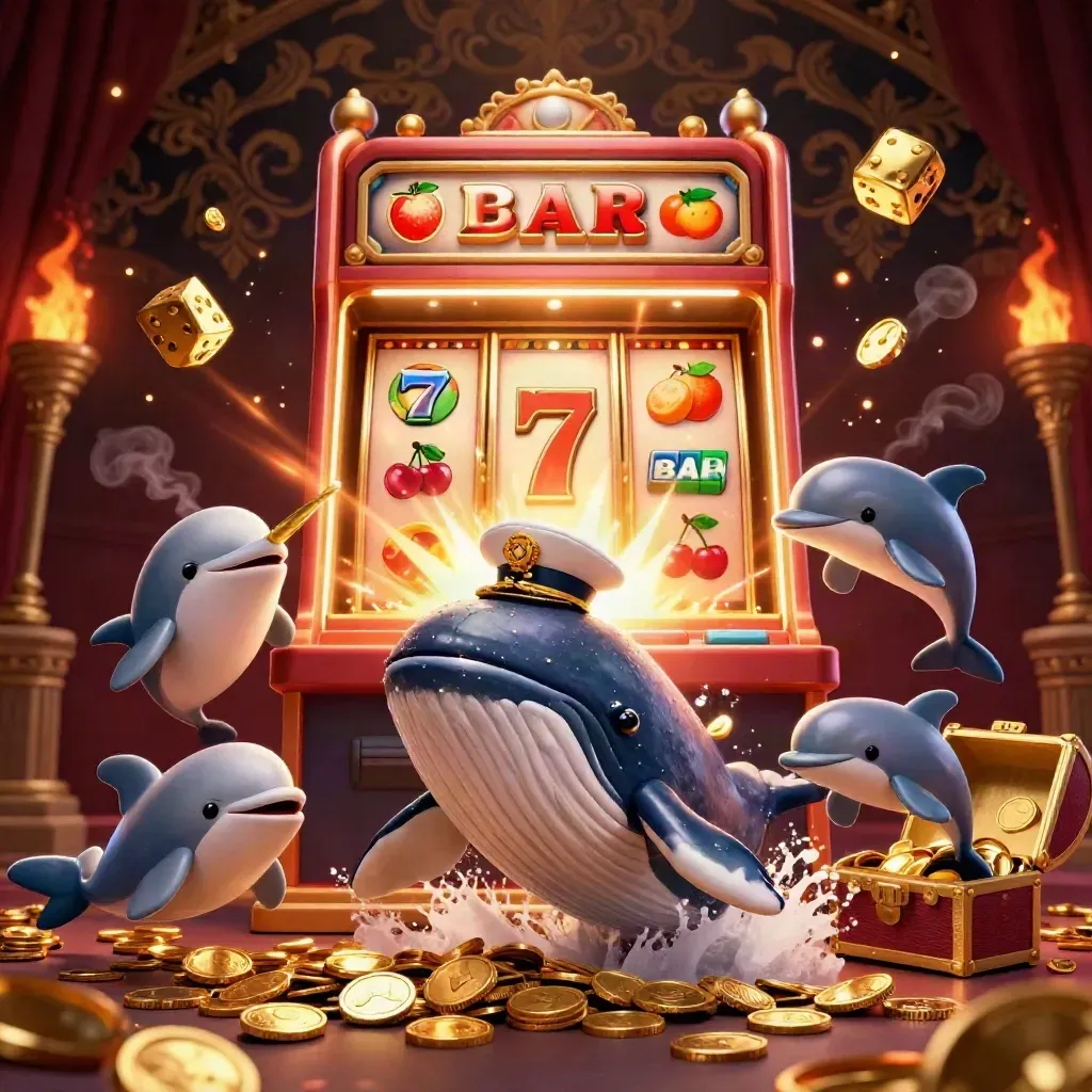 Baleia capitã, narval e golfinhos entre moedas e jackpot num cassino luxuoso.