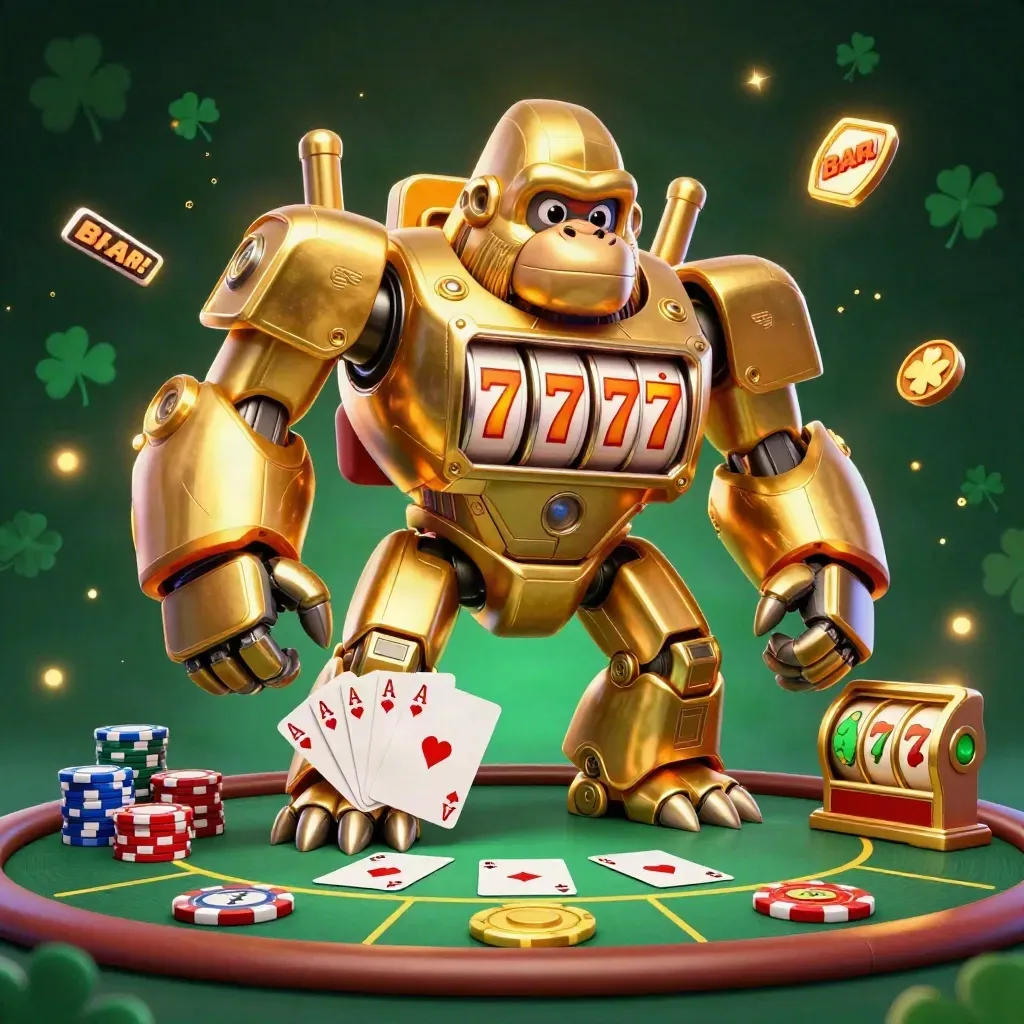 Macaco mecânico dourado com poker, roletas e fichas em cenário escuro luxuoso.